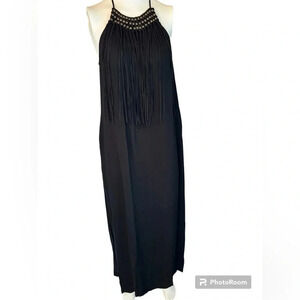 Zara Basics Maxi Black Dress Viscose Halter Neck Beading and Fringe Size Sm…